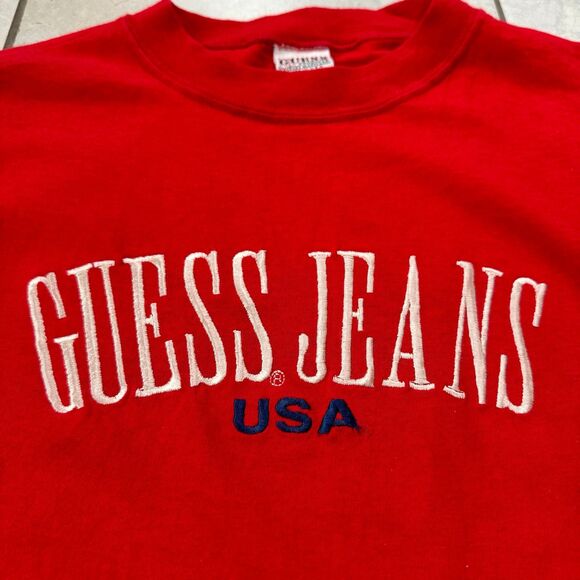Vintage 80s Guess Spellout T-Shirt Size L Original Red Made In USA - Picture 2 of 7